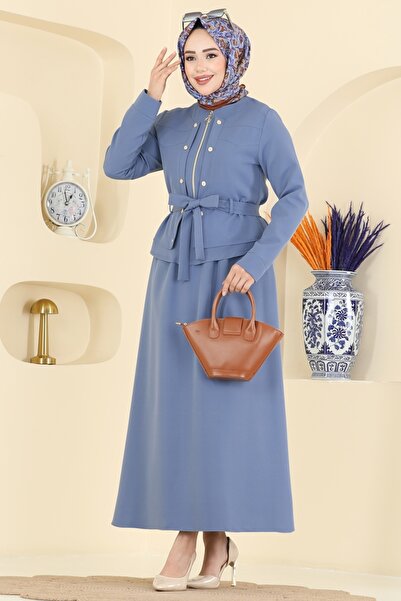 ModaMerve Düğme Aksesuarlı Dabıl Takım PL9214-MS Mavi