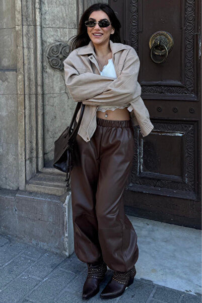 Madmext Brown Elastic Waist Women's Leather Balloon Pants Mg2701