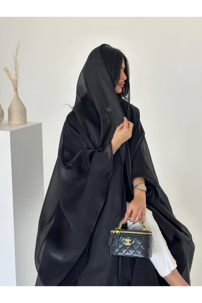 Noon Noora عباءة كارديجان ساتان لامع بمقاس واحد يناسب الجميع مع غطاء للرأس