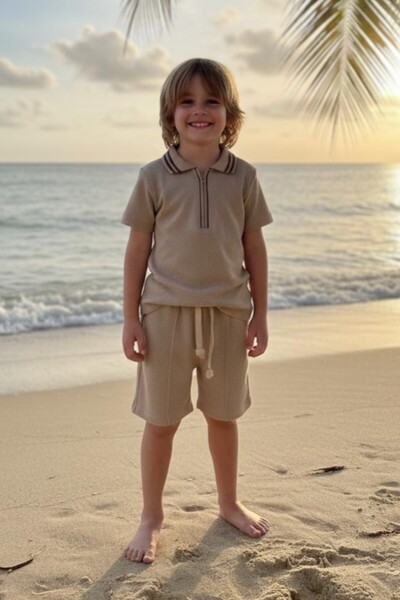 Ugly Duck طقم شورت من قماش الوافل للأعمار من 3 إلى 8 سنوات - بيج