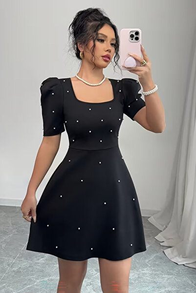 Deafox Black Short Sleeve Square Neck Pearl Detail Mini Crepe Fabric Dress
