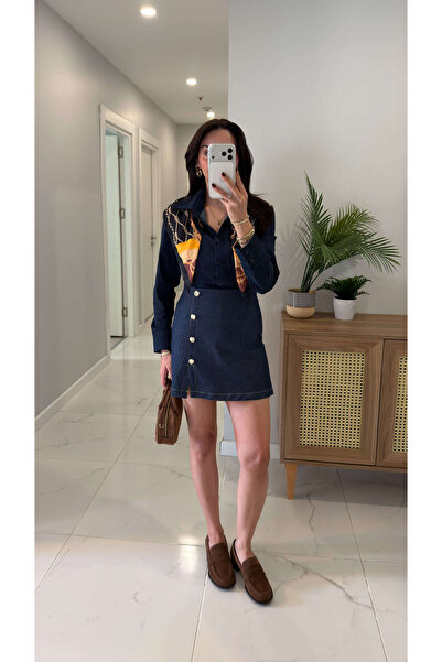 BİRCANÇİL Nerwa Blue Gold Buckle Detailed Short Skirt