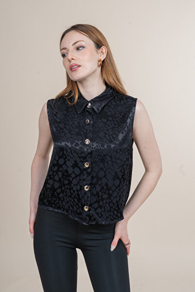 MissVina Oversize Sleeveless Shirt Collar Satin Blouse 70057