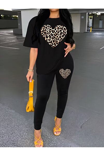 WOODROFFE Women's Leopard Heart Printed Oversize T-Shirt Leggings Set Loose C...