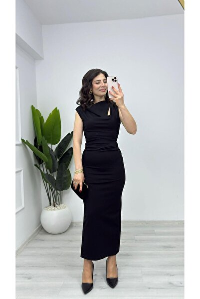 TUNAM BUTİK 282744 Off-Shoulder Side Drape Detailed Midi Dress Black