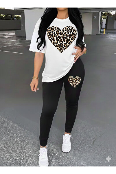 WOODROFFE Women's Leopard Heart Printed Oversize T-Shirt Leggings Set Loose C...