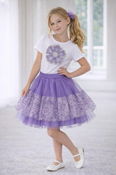 MS KİDS Girl's Set Purple Daisy Patterned Skirt Lycra Badi