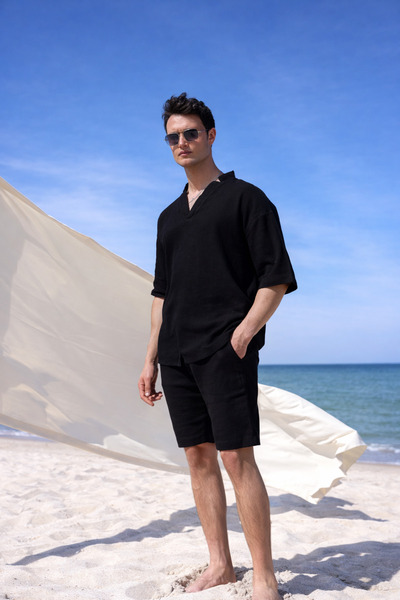 Pobudo V Yaka Siyah Renk Yıkamalı Keten Takım