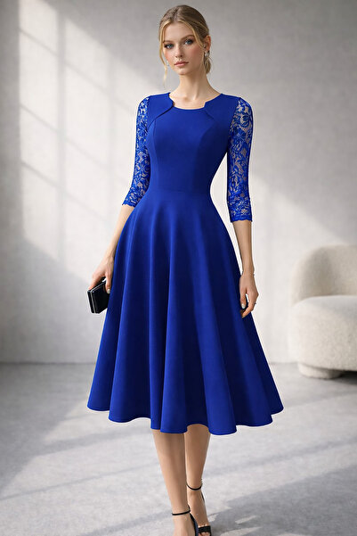 Deafox Saks Blue Sleeves Lace Detail Pleated Midi Length Crepe Fabric Dress