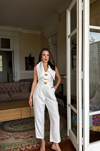 Grtrend Düğme Detaylı Tasarım Yaka Tulum-Beyaz