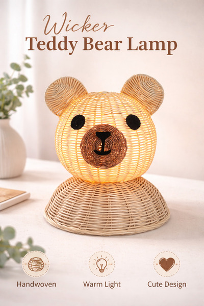 Fesleğence dekor El Yapımı Özel Tasarım Rattan Ayıcık Abajur Çocuk Odası Bohe...