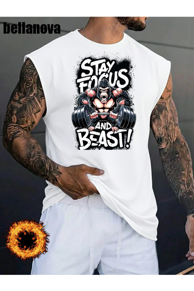 bellanova Men's White Printed Oversized Cut Cotton Crew Neck Undershirt