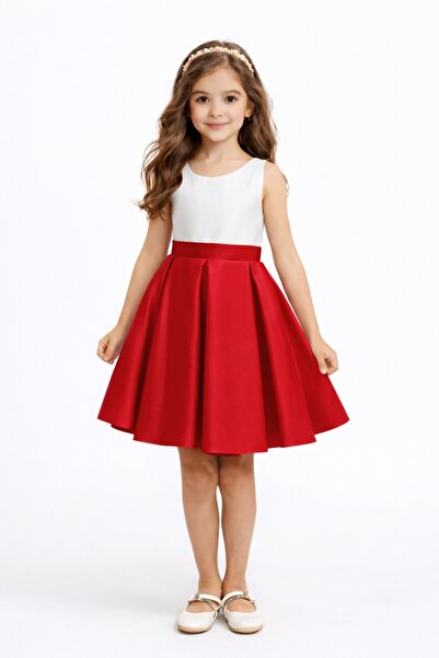 nsmkidslife Κοριτσίστικο Λευκό/Κόκκινο Πλισέ Σατέν Φόρεμα για 23η Απριλίου, 2...