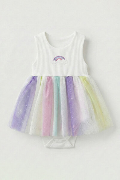 hepbaby فستان توتو للفتيات الصغيرات باللون الأبيض مع تطريز قوس قزح ولامع بألو...