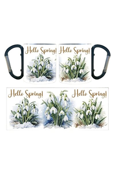 OEM White Stainless Steel Mug with Carabiner, 'Hello Spring' Design