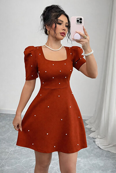 Deafox Tile Short Sleeve Square Neck Pearl Detail Mini Crepe Fabric Dress