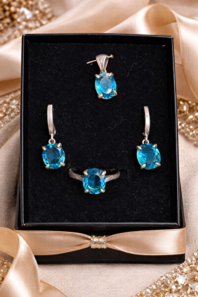 Topaz 925 Ayar Gümüş Oval Kesim Mavi Taşlı Kolye Küpe Yüzük Takı Seti