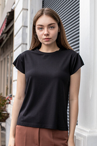 Jument Women's Silky Fabric Wide Zero Neck Short Sleeve Tshirt Blouse-Black