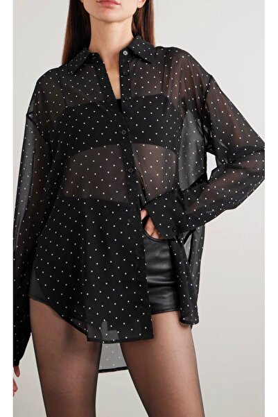 MAESTRO WOMAN Kadın Siyah Taşlı Şifon Gömlek