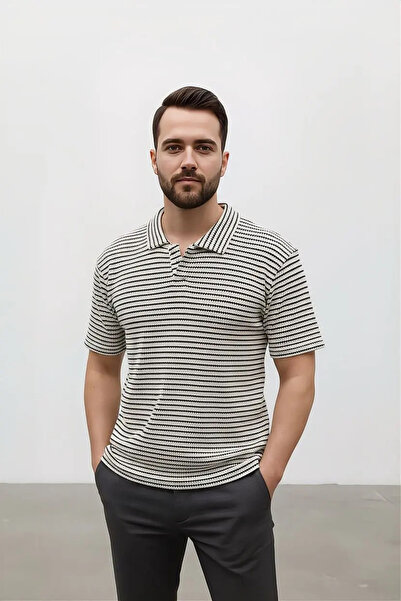NERA GİYİM Men's Striped Polo Collar Jacquard T-Shirt