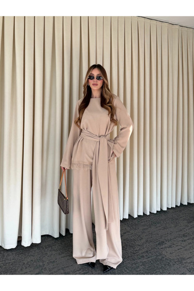 Laluvia Beige Belted Lace Detailed Blouse Trouser Set - 8006