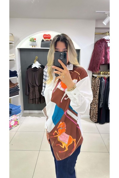 HandeButik Kadın Desenli Oversize Tasarım Tunik Gömlek