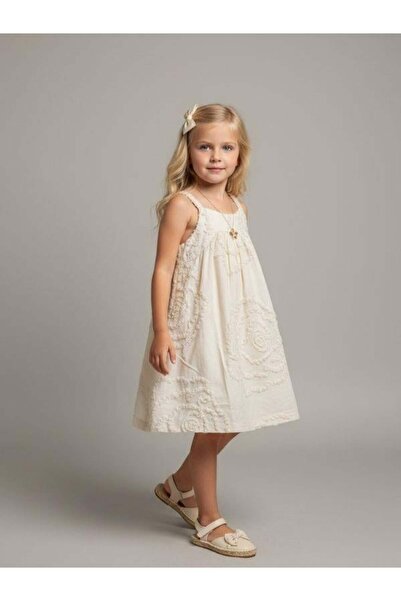 Zekids Girl's Embossed Patterned Strap Design Dress