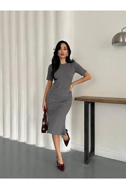BEMOL GİYİM Kemerli Thessaloniki Fabric Midi Knitwear Gray Dress