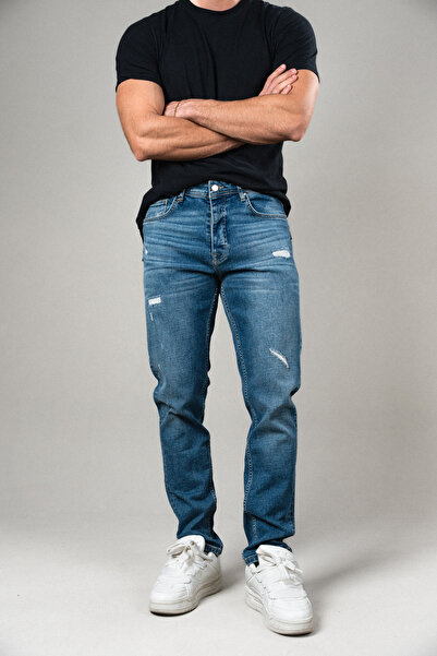 R8 ERKEK KOT PANTOLON YIRTIK REGULAR JEAN MAVİ 5033