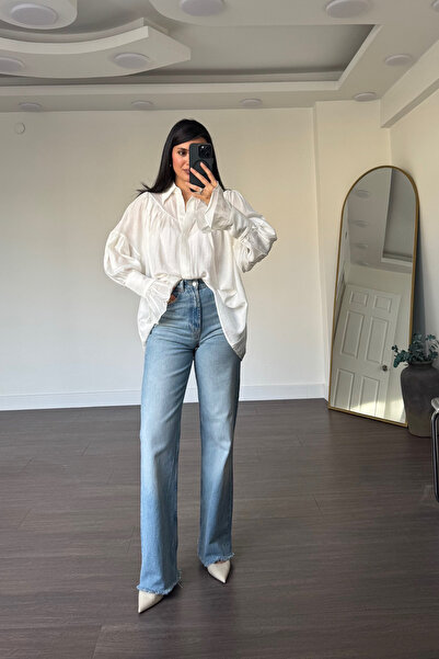 Grtrend Balon Kollu Oversize Gömlek-Beyaz