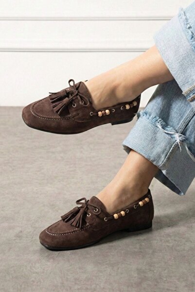 FUGA MODA Tessora Brown Antilop Detaljne perle Sa resama Vezanje Loafer cipel...