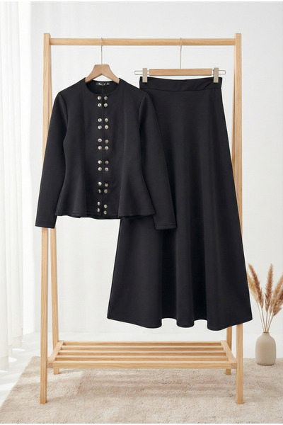 FERHEL Women's Double Snap Front Flounce Skirt Blouse Scuba Set - Black