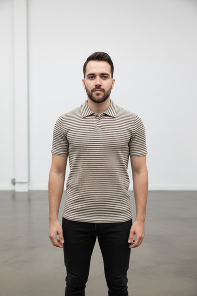 NERA GİYİM Men's Striped Polo Collar Jacquard T-Shirt
