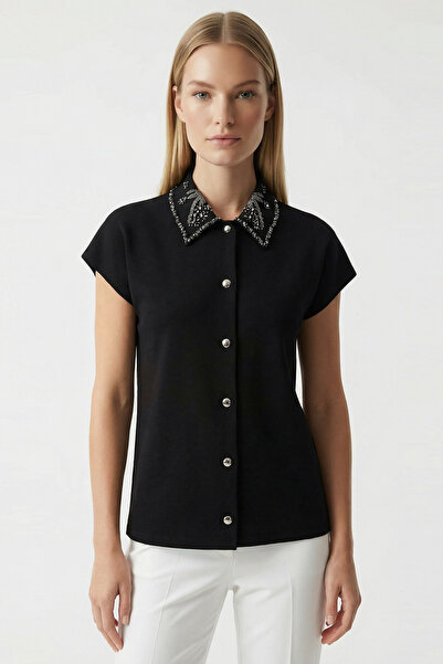 Exquise Gömlek Yaka İşlemeli Kolsuz Regular Örme Tişört