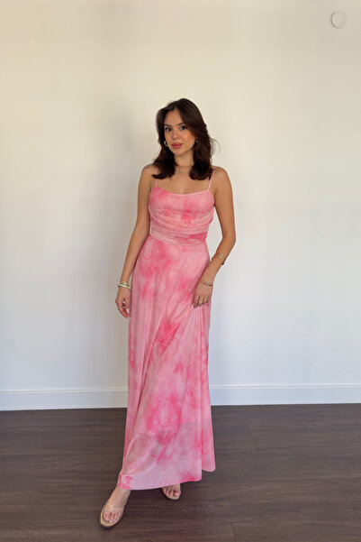 Grtrend Batik Desen İp Askılı Elbise-Pembe