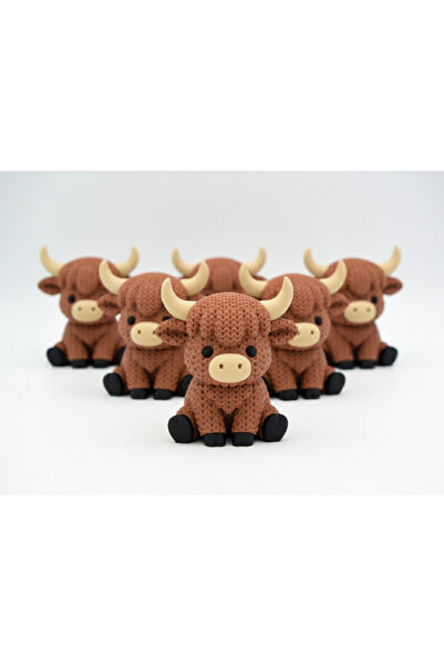 Örgü Görünümlü İskoç Boğası Figürü - Highland Cow Dekoratif Biblo (5 Adet)