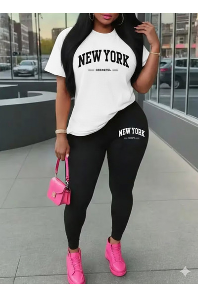 WOODROFFE Women's Newyork Printed Oversize T-Shirt Leggings Set Loose Combina...