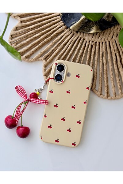 Go Aksesuar Iphone 16 Uyumlu Charm Kiraz Tasarımlı Oyuncaklı Esnek Silikon Kılıf