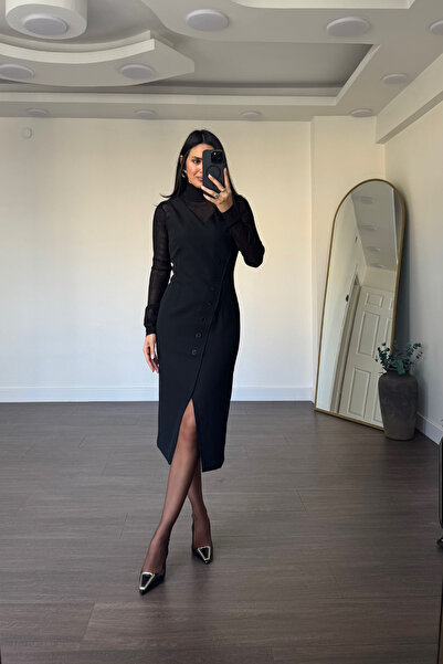 Grtrend İçi Transparan Bluz Detaylı Elbise-Siyah