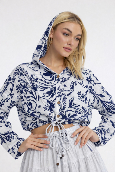 Heaven Ephesus Дамска муслинова къса блуза - къса блуза с качулка и шарка - 1160