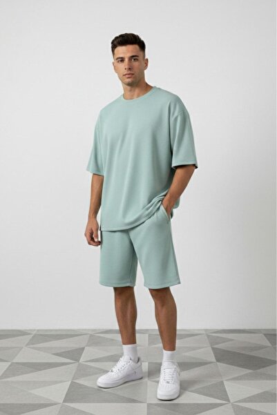 NO 601 Men's Mint Green Ottoman Ribbed Oversize T-Shirt Shorts Set