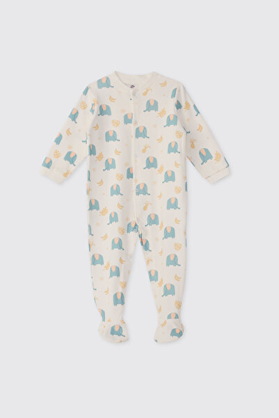 Panço Yenidoğan Mavi fil Desenli Beyaz Tulum