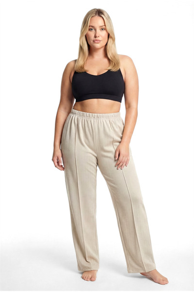 modaserdem Mdsrdm Women's Plus Size Relaxed Fit Beige Pajama Bottoms with Poc...