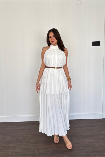 Grtrend Pliseli Takım Görünümlü Elbise-Beyaz