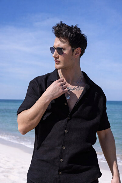 Pobudo Gömlek Yaka Siyah Renk Yıkamalı Keten Takım