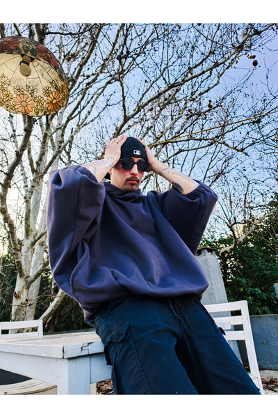 melongeneco Yarasa kol maskeli kapüşonlu özel tasarım sweat oversıze cepli la...