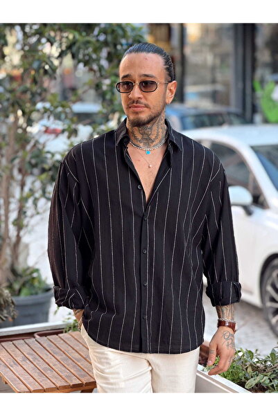 manch collection Oversize Wide Striped Linen Shirt Black