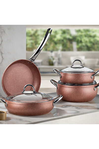 Kütahya Porselen Venedik 7 Parça Tencere Seti Granit Pembe