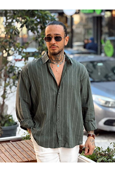 manch collection Oversize Wide Striped Linen Shirt Khaki