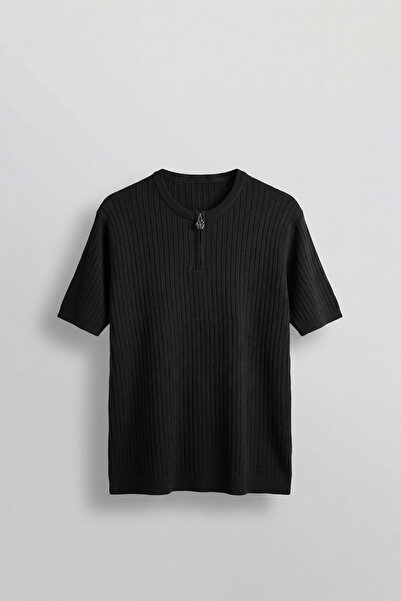 ablukaonline Tricou pentru bărbați, croială normală, din tricot premium, negru